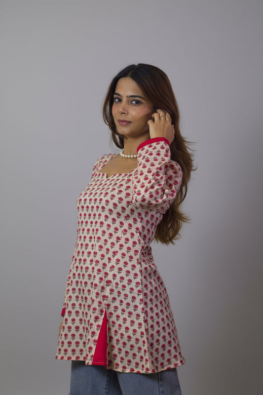 Mira - Pink Flower Motif Sleeved Kurti
