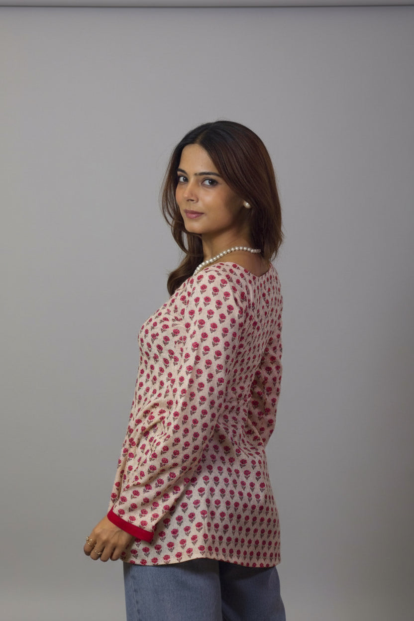 Mira - Pink Flower Motif Sleeved Kurti