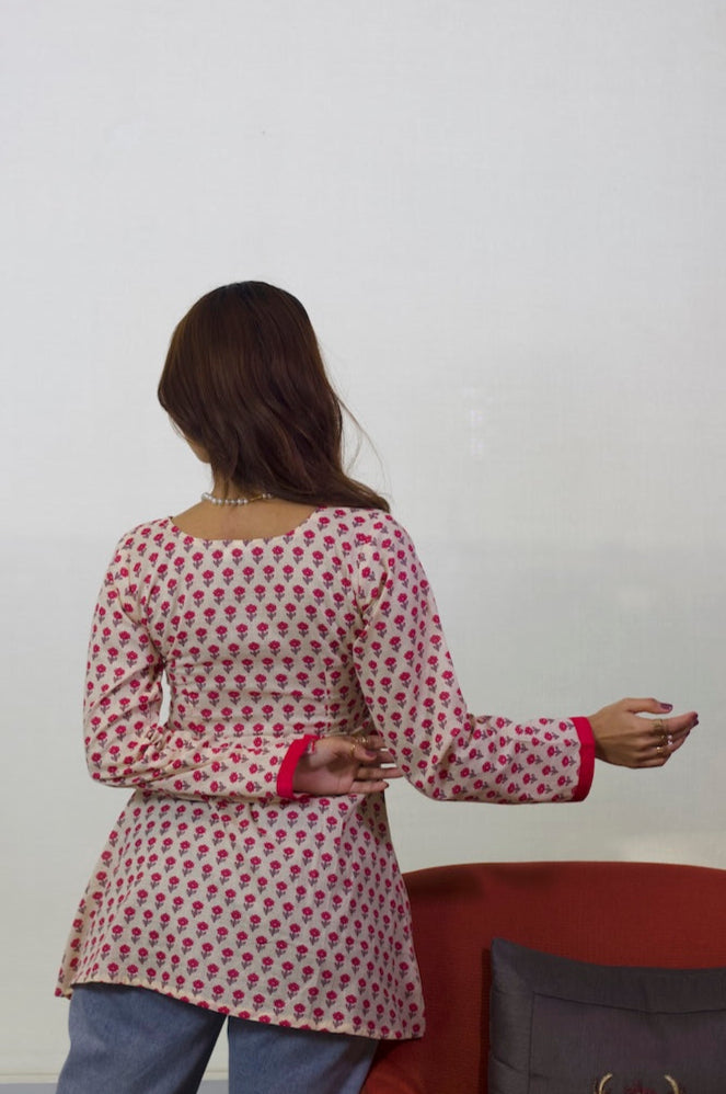 Mira - Pink Flower Motif Sleeved Kurti