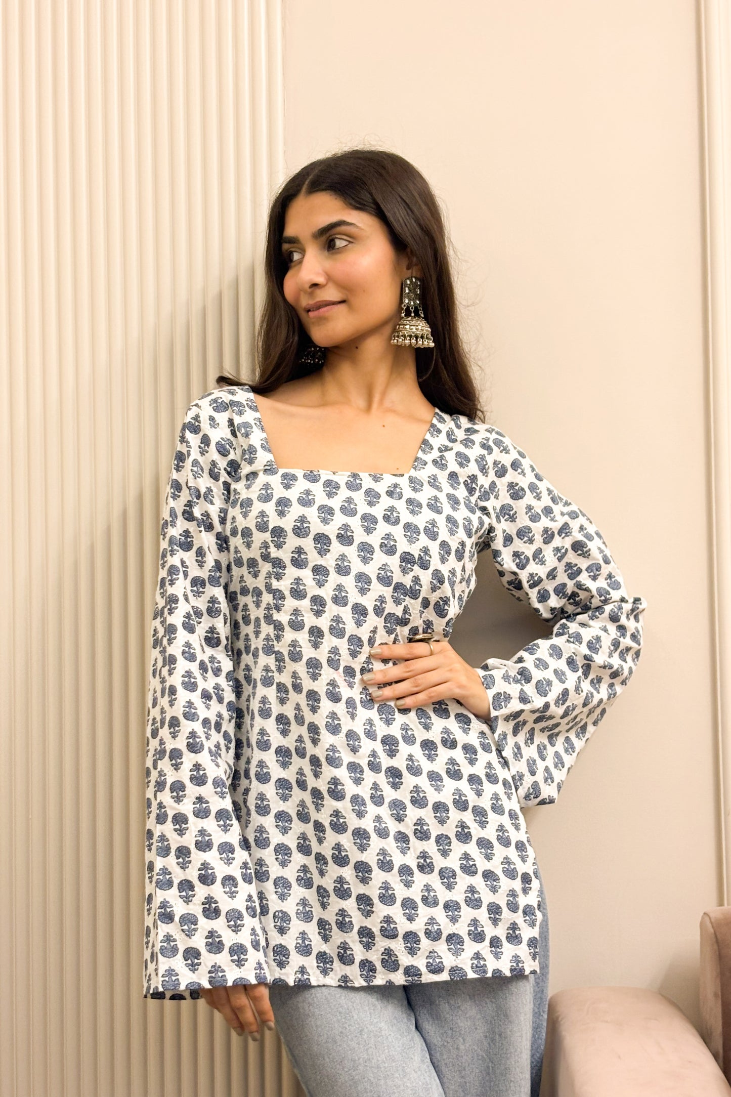 Sanjana - Chikankari bell sleeved kurti