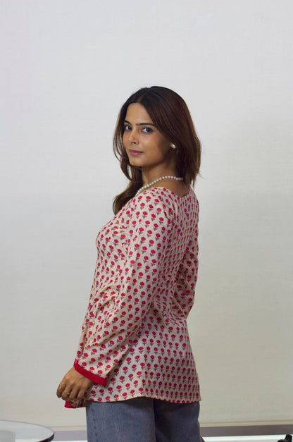 Mira - Pink Flower Motif Sleeved Kurti